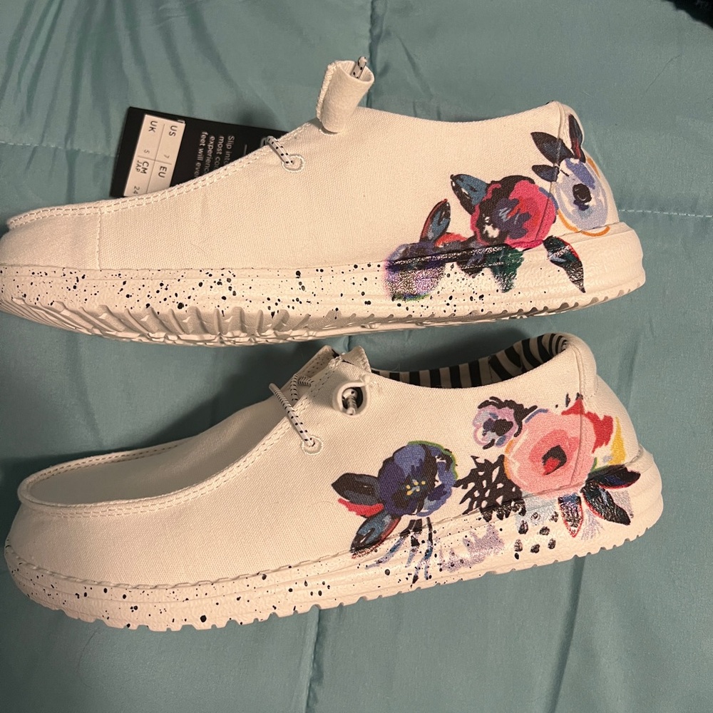 Hey Dude White and Pink Floral Flats